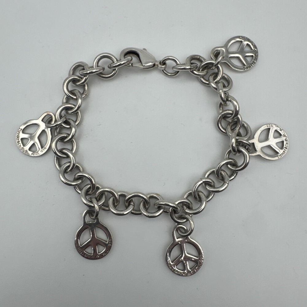 Tiffany & Co. 925 Sterling Silver Peace Sign Charm Bracelet 31 Grams